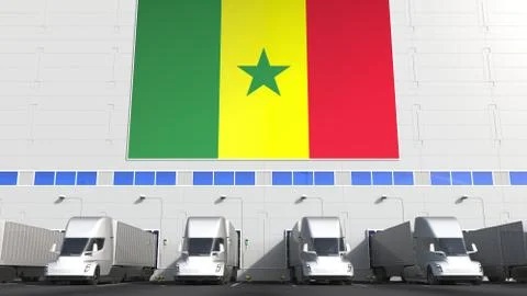 Trailer trucks at warehouse loading dock with flag of SENEGAL. Senegalese Stock Illustration