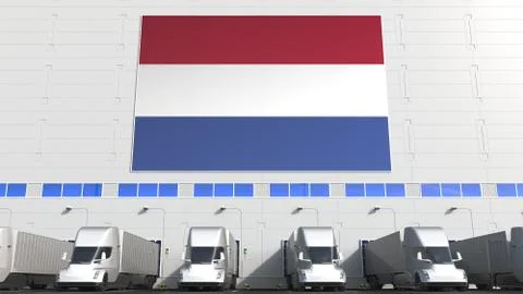 Trailer trucks at warehouse loading dock with flag of NETHERLANDS. Dutch Stock Illustration