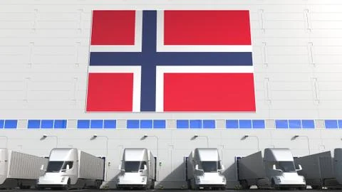 Trailer trucks at warehouse loading dock with flag of NORWAY. Norwegian Stock Illustration