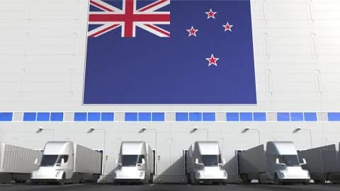 Trailer trucks at warehouse loading dock with flag of NEW ZEALAND. logistics 3D Stock Illustration