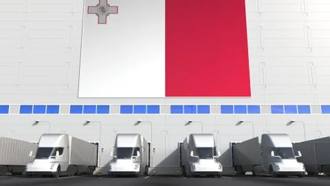Trailer trucks at warehouse loading dock with flag of MALTA. Maltese logistics Stock Illustration