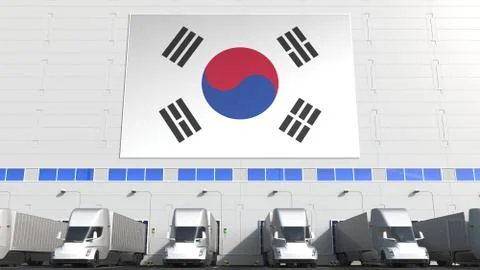 Trailer trucks at warehouse loading dock with flag of SOUTH KOREA. South Korean Stock Illustration