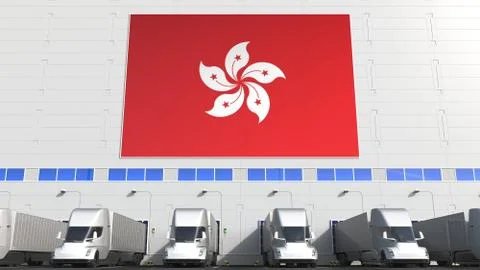 Trailer trucks at warehouse loading dock with flag of HONG KONG. Logistics Stock Illustration