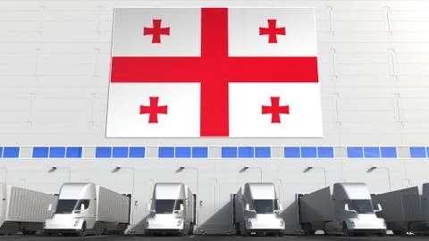 Trailer trucks at warehouse loading dock with flag of GEORGIA. Georgian Stock Illustration