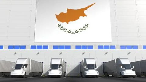 Trailer trucks at warehouse loading dock with flag of CYPRUS. Cypriot logistics Stock Illustration