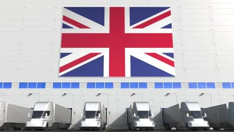 Trailer trucks at warehouse loading dock with flag of the UK. British logistics Stock Illustration