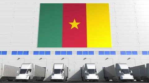 Trailer trucks at warehouse loading dock with flag of CAMEROON. Cameroonian Stock Illustration