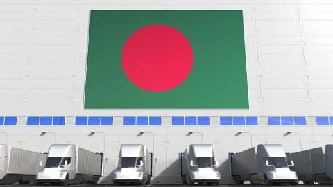 Trailer trucks at warehouse loading dock with flag of BANGLADESH. Bangladeshi Stock Illustration
