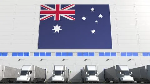 Trailer trucks at warehouse loading dock with flag of AUSTRALIA. Australian Stock Illustration