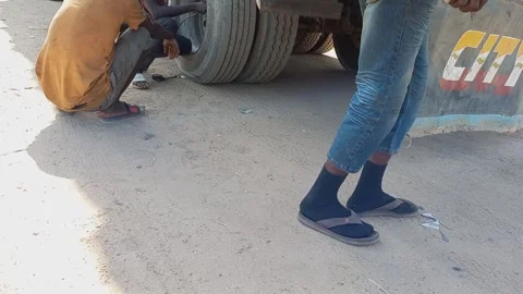 Trailer Tyre Air Compression By Roadside Kano Nigeria Stock Footage 325959665