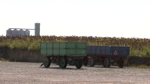Trailers are parked beside a cornfield Stock Footage 302454168