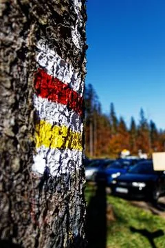 Trailmarker in a parking Stock Photos
