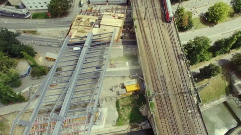 Train from above with construction worker bridge Video stock 97781739