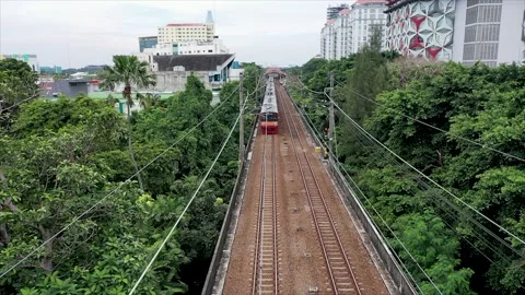 Train aerial view overhead top view hovering while two trains passing by Stock Footage 219302689