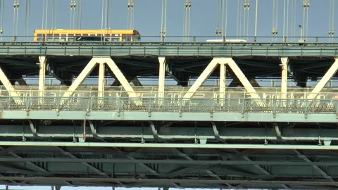 Train and Bus Crossing Manhattan Bridge Slow Motion Stock Footage 137044137