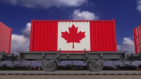 Train and containers with the flag of Canada. Railway transportation. 3d rend Stock Illustration