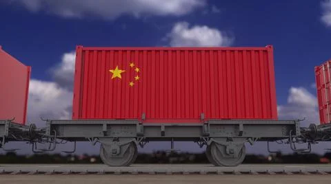 Train and containers with the flag of China. Railway transportation. 3d rende Stock Illustration