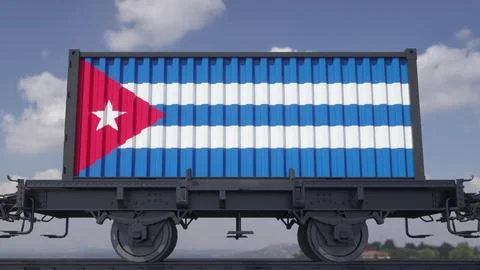 Train and containers with the flag of Cuba. Railway transportation. 3d illust Stock Illustration