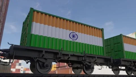 Train and containers with the flag of India. Railway transportation Stock Illustration