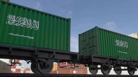 Train and containers with the flag of Saudi Arabia. Railway transportation Stock Illustration
