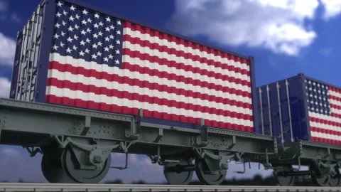 Train and containers with the flag of USA. Railway transportation. Seamless loop Stock Footage 167281904
