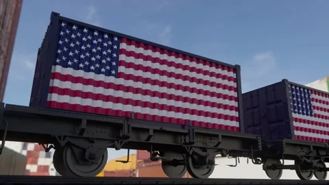 Train and containers with the flag of USA. Railway transportation. Seamless loop Stock Footage 202340852