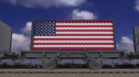 Train and containers with the flag of USA. Railway transportation. 3d renderi Stock Illustration