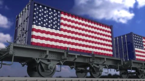 Train and containers with the flag of USA. Railway transportation. 3d renderi Stock Illustration