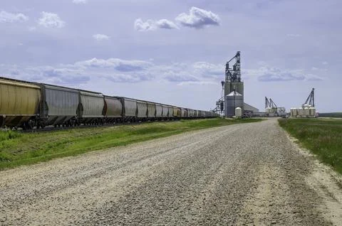 Train and Grain Elevator at Gull Lake Stock Photos