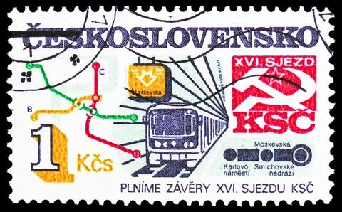 Train and Map of Prague Underground Railway, Achievements of Socialist Cons.. Stock Photos