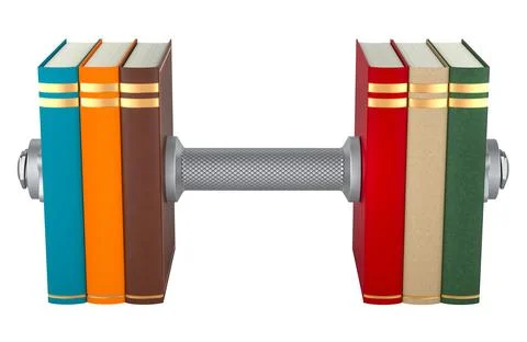 Train and pump you brain, concept. Dumbbell made from stack of books. 3D re.. Stock Illustration