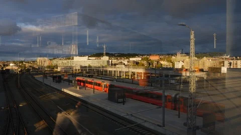 TRAIN AND RAIL IN SUNSET TIME TRONDHEIM NORWAY Vídeo Stock 99424377