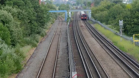 Train approaching from the city Stock Footage 51506997