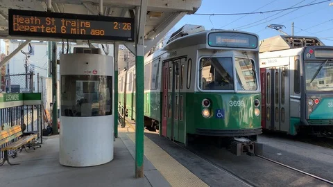 Train approaching in Lechmere Station, a boston MBTA green line train station Stock-Footage 125222449