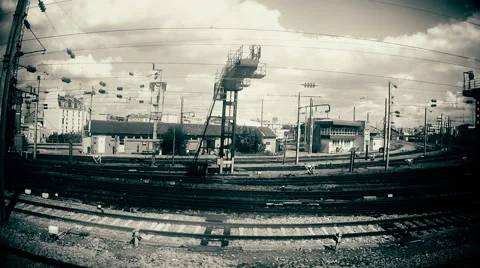 Train approaching Paris, panoramic view of tracks, cables, towns, buildings. 05 Stock Footage 50096870