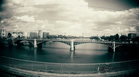 Train approaching Paris, panoramic view of river, bridges, buildings. 04 Stock Footage 50099022