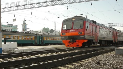 Train arrival to the station Stock Footage 81264340