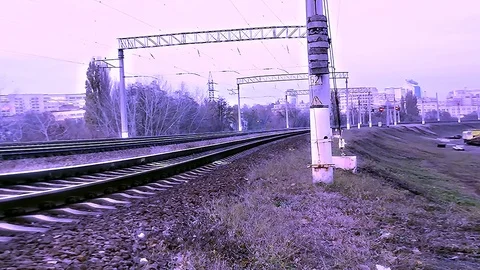 Train Arrive In Fast Motion On The Medium Viewing In Violet Tones Stock Footage 90488388