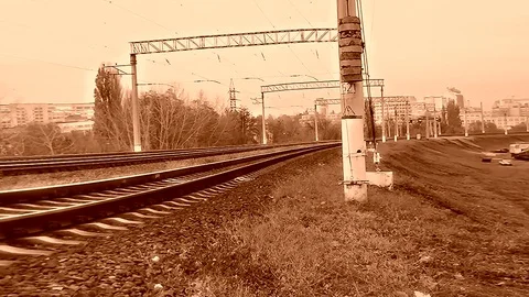 Train Arrive In Fast Motion In Sepia Tones On The Medium Viewing Stock Footage 90489198