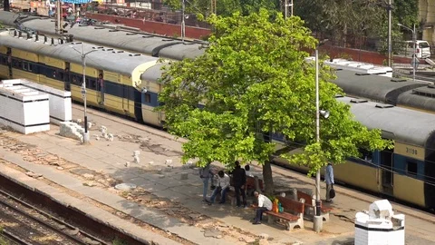 Train arrived at the station. Passengers on the platform, Delhi, India Stock Footage 99533317