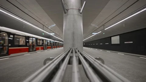 The train arrives at an empty metro station. Szwedzka metro station. Stock Footage 203925120