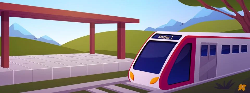 A train arrives at an open platform against a backdrop of a green meadow, trees Stock Illustration