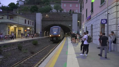 Train Arrives at Station in Cinque Terre | Italy | Europe | 4K Footage Stock-Footage 259929264