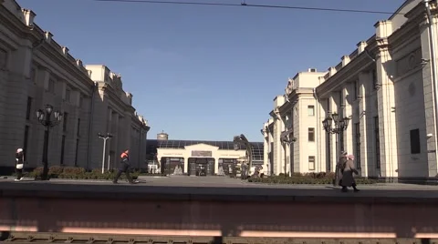 Train arrives at the station side view. In The city of Brest, Belarus Stock Footage 59999531