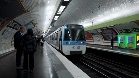 A train arrives at an underground train or metro station in Paris, France Stock Footage 320113010