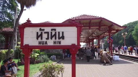 Train arriving at Hua Hin Train Station, Thailand Stock Footage 130707424
