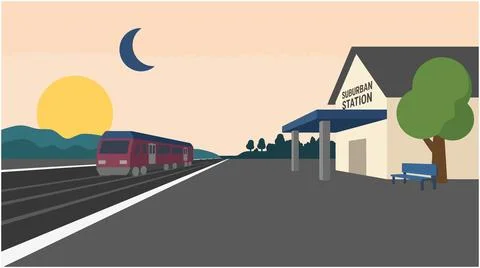 Train arriving at a passenger station during sunset with platform, transpor.. 스톡 일러스트
