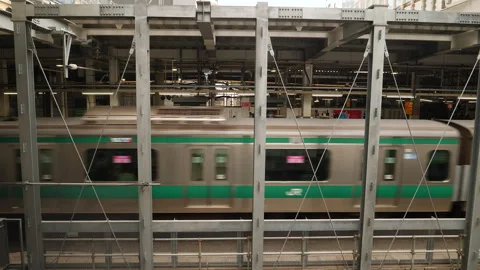 Train arriving at station, filmed from elevated platform. Tokyo, Japan. Stock Footage 246528294