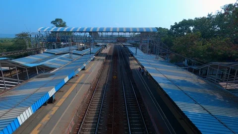 Train arriving at station top view Stock Footage 122921255