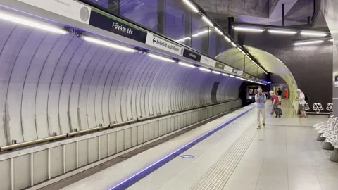 Train arriving at underground station in Budapest subway Hungary Video stock 314138349